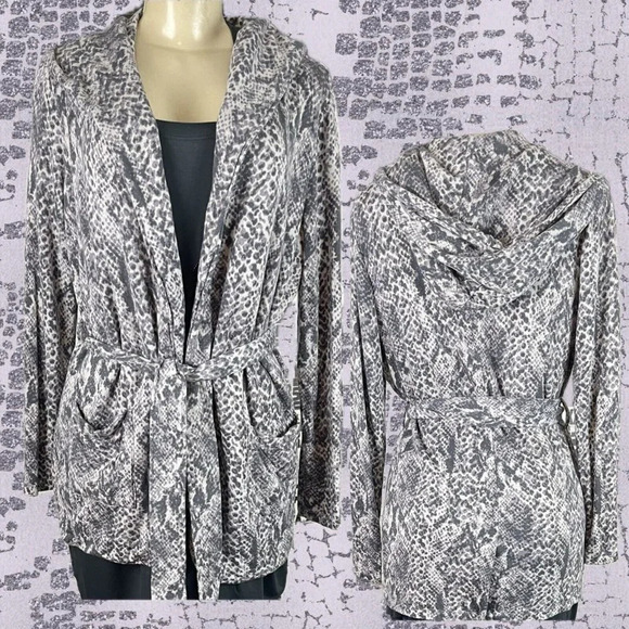 Serena Williams M Gray Animal Print Open Front Belted Long Sleeve Hoodie Jacket - Picture 1 of 6